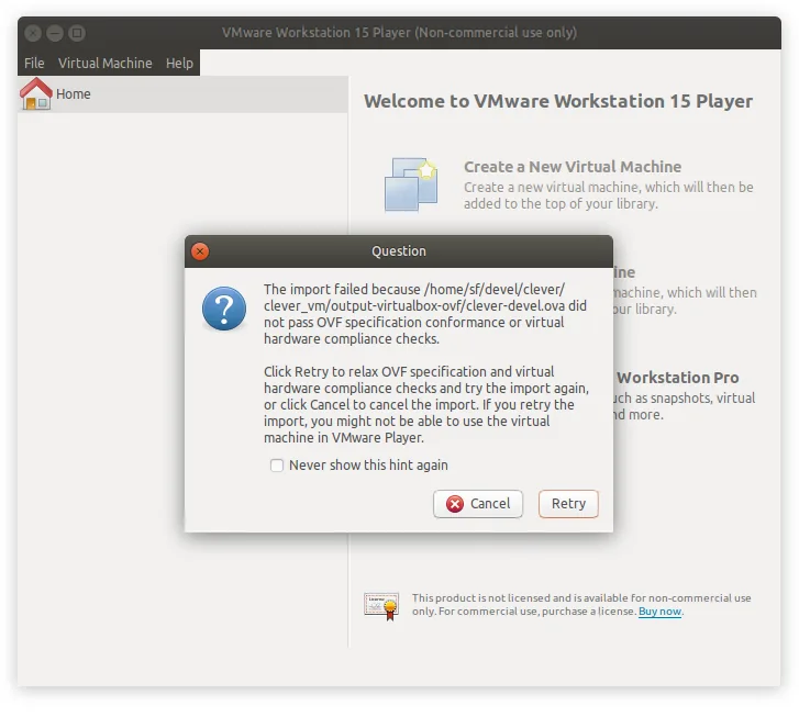 Import failure dialog